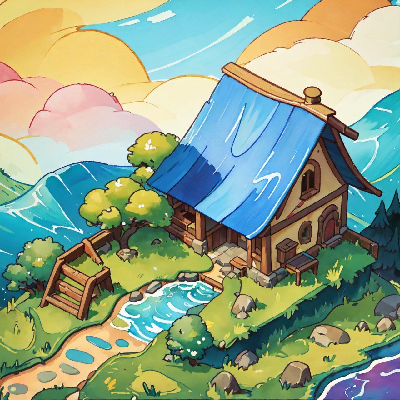 masterpiece,(best quality:1.3),beautiful lightning, vibrant colour, ((isometric view)), grass land, crude watercolour painting,  little village, waterafall, big brushstrokes, 6 colours, cartoon, Isometric_Setting,house cover,欧美卡通