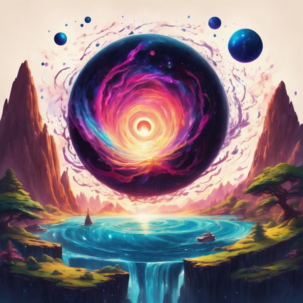 the energy flow of the universe that starts from a sphere like a black hole, glowing, galaxy energy flow,Leonardo Style, illustration,ink scenery,iso island,lofi,fantasy,whimsical,digital art, winning award masterpiece, fantastically beautiful, illustration, trending on artstation, 4k, 8k, higly detailed,vector art, Leonardo Style, illustration,ink scenery, iso island,lofi, white background, fantasy, whimsical