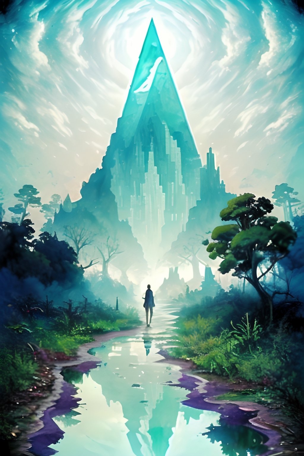 a bizarre dreamlike depiction of exploring the unknown, (1 white boy , 1 Japanese girl), dark hair, holding hands, looking at sky, exploring a dark magical fantasy forest with twisted ancient trees, ancient magical ruins, hidden creatures, walking on reflection, path toward eye in pyramid, dreamscape, bizarre hallucinations, dreampunk, ghosts in mist, incredible artwork, painting, best quality, beautiful, perfect detail, ornate, rule of thirds, creepy, strange creatures, Fae ,magic Circle, magic patterns,Leonardo Style,Movie Still,dfdd,lofi, illustration,vector art,EpicSky