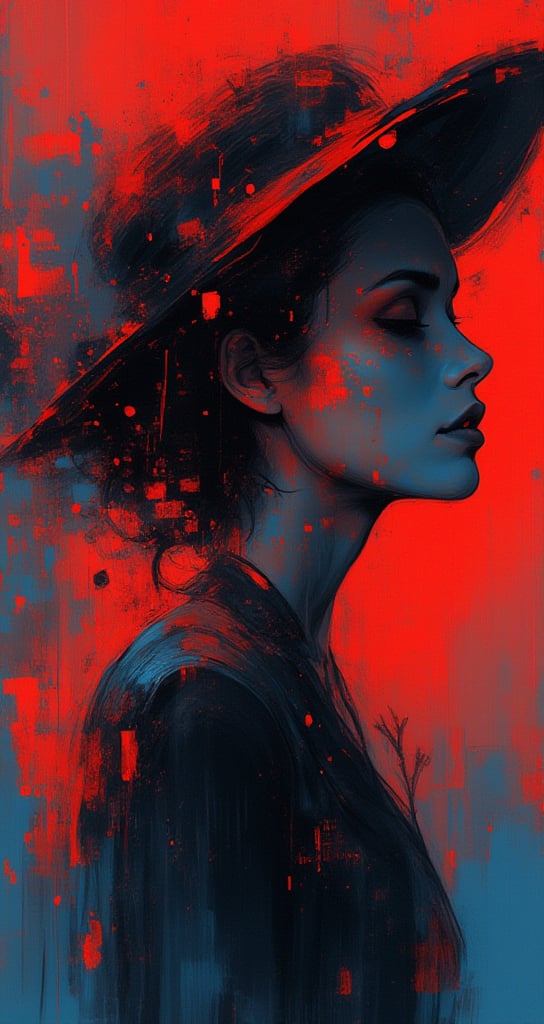 A woman wearing a wide-brimmed hat, gorgeous colors, the woman's hair breaks into small pieces and turns into powder as it moves away from her head, the abstract red background and fantastic blue gradient add to the mysteriousness, the heavy and unstructured thick brush strokes beautifully express the portrait of a woman,niji