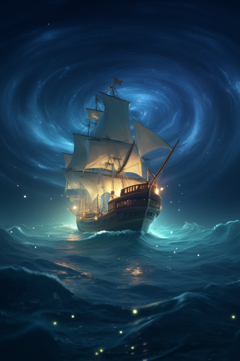 Captain's triumphant return: A majestic pirate ship, adorned with billowing sails and lanterns aglow, majestically glides into a bioluminescent sea illuminated by a swirling galaxy above. Fireflies dance across the waves, as if welcoming the vessel home. Framed by the starry night sky, this XL 4K ultra-high definition action shot captures the drama of the moment.,midjourney