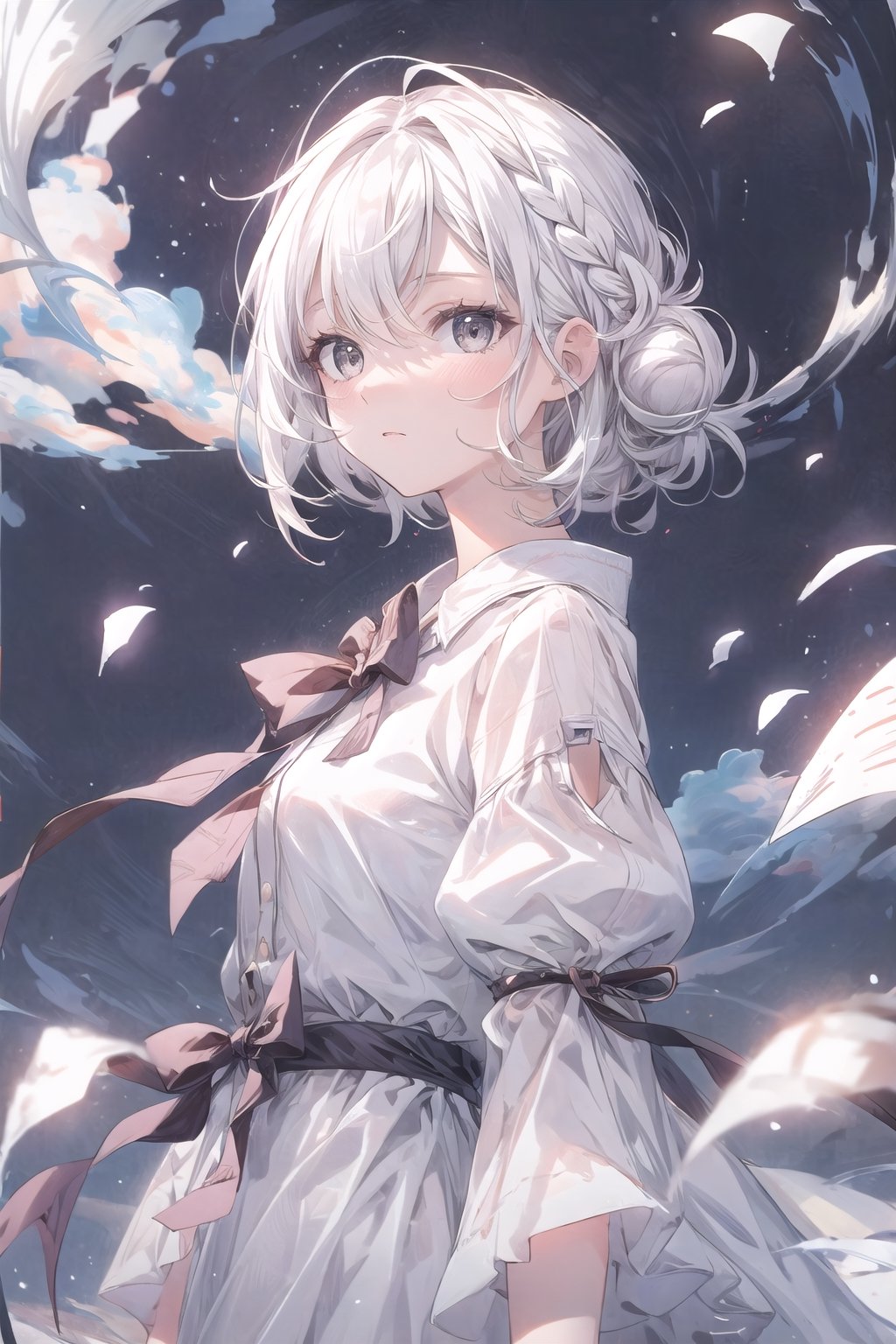 sole_female, mature female, pale skin, white hair, straight hair, high bun, black eyes, Detailedface
BREAK
white dress
BREAK
night sky, clouds, scenery, high_res, high quality, masterpiece, 8K  