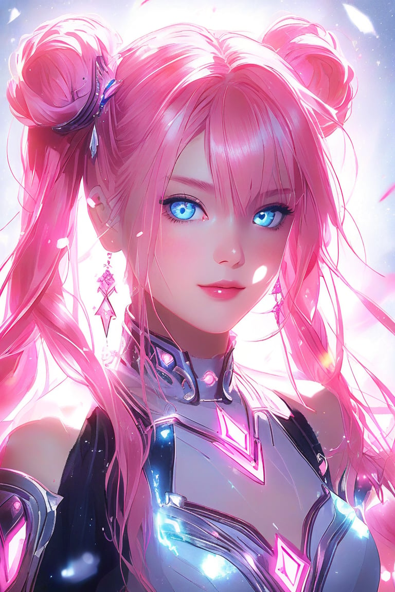 Beautiful girl. She is very badass, she wears a very luxurious outfit. detailed image, detailed skin, upper body, looking at viewer, twintails cut. Pink hair, blue eyes. White background, ((masterpiece: 1.2)), light particles, light particles in background, Anime style.,noc-futuristic