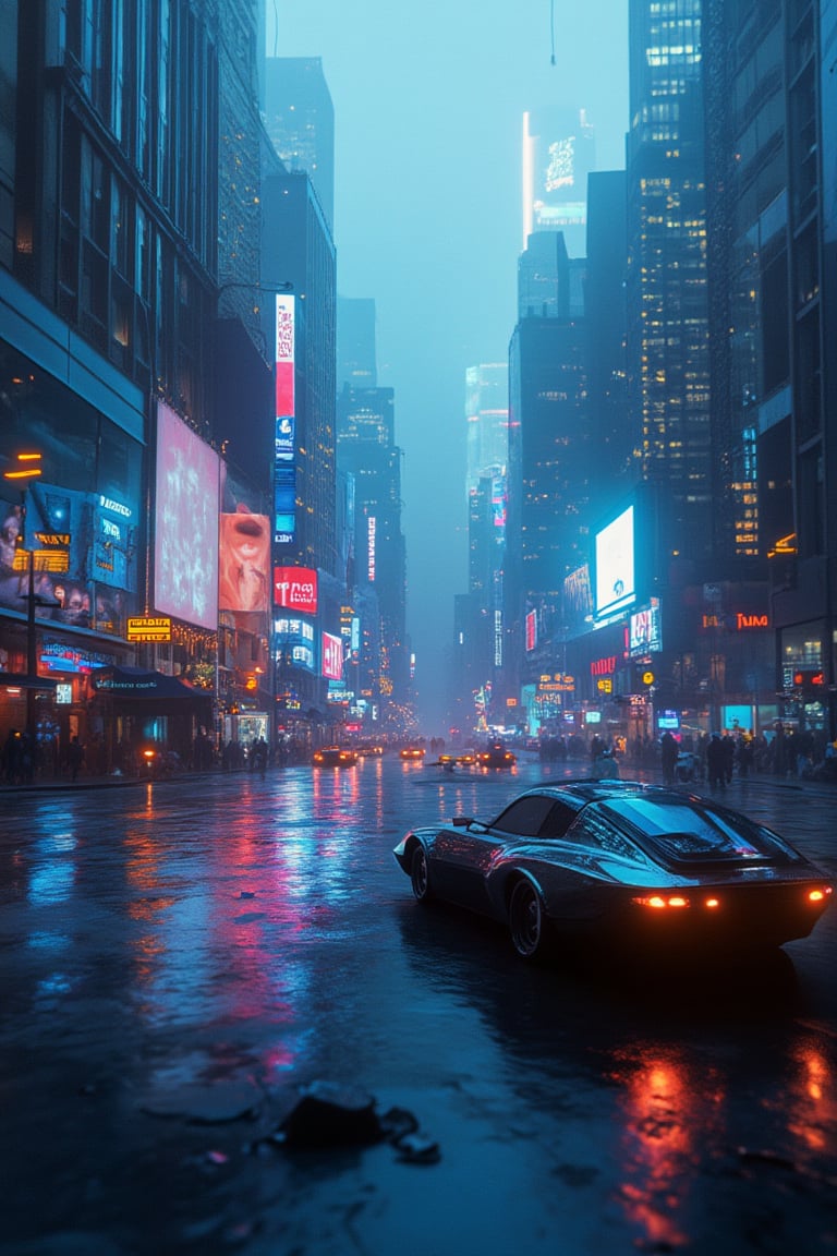 A cityscape at dusk, with towering skyscrapers and neon lights reflecting off wet pavement. A sleek, silver hovercar glides effortlessly down a deserted street, leaving a trail of iridescent sparks. The futuristic metropolis's skyline is ablaze with holographic advertisements, casting an otherworldly glow. noc-futuristic