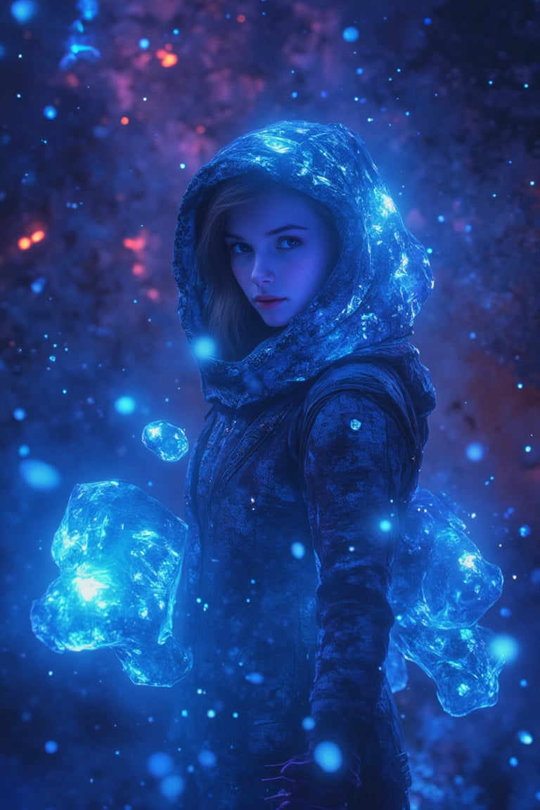 1 girl portrait, charming, nature, neon light, look at viewer,Anime Style, ice, space background,noc-space,noc-futuristic