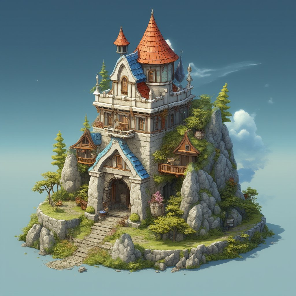 a unique combination of beauty, good, fairy, oranteness with a castle background,noc-fantasy,noc-landscape,noc-isometric