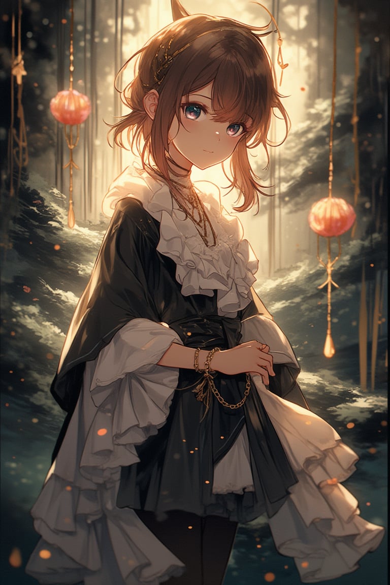 Beautiful girl, she is very cute, brown hair, blue eyes, she wears a very luxurious outfit. Upper body, detailed image, detailed skin, looking at viewer. Walking, ((masterpiece: 1.2)), light particles, ink droplets in background, Anime style.,noc-space,niji