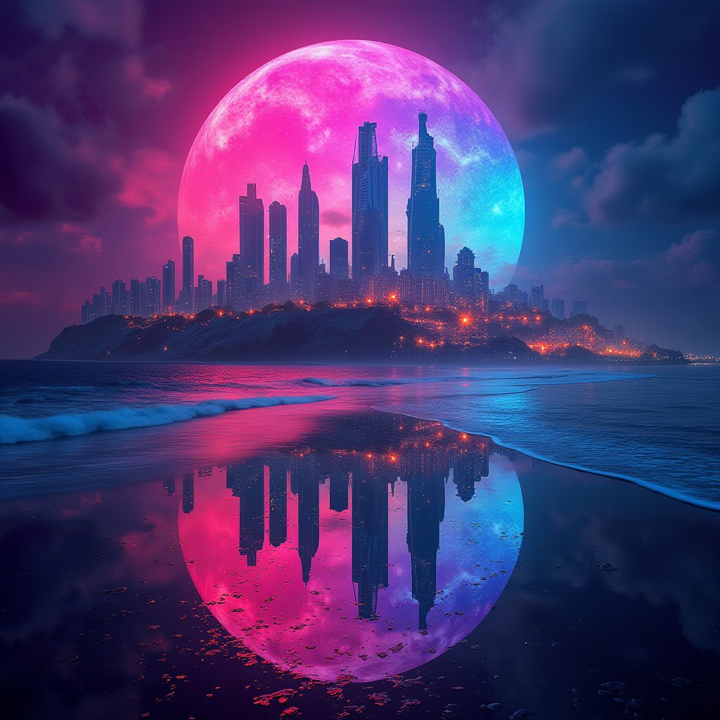 an alien city, reflected in the ocean surrounding it, masterpiece, neon splash art, vibrant surreal colours.,niji,,noc-fantasy