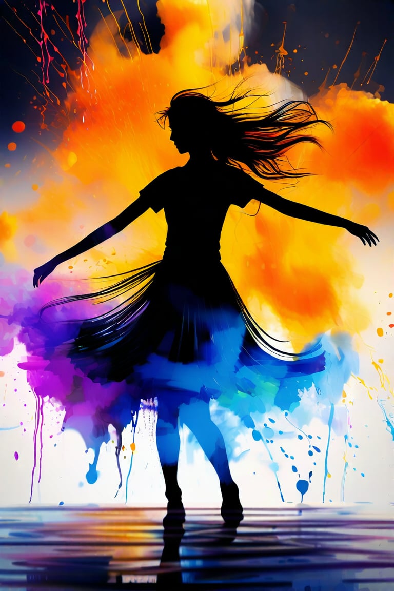 silhouette of a girl, ink brushstrokes in background, looking at viewer, dancing pose, ink rain, stunning image, ink smoke, digital art, professional style, ((masterpiece quality: 2)), ink droplets, attractive image.,INK,midjourney,anime