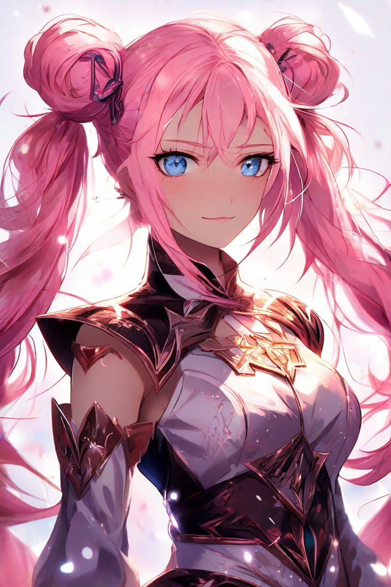 Beautiful girl. She is very badass, she wears a very luxurious outfit. detailed image, detailed skin, upper body, looking at viewer, twintails cut. Pink hair, blue eyes. White background, ((masterpiece: 1.2)), light particles, light particles in background, Anime style.