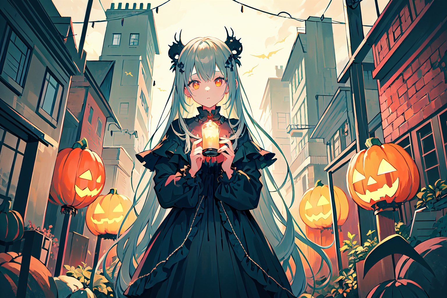 a girl in a Halloween costume, standing in front of a haunting house adorned with eerie decorations. The girl's costume is inspired by the mystical and macabre, with dark colors, flowing fabric, and intricate details. She holds a carved pumpkin, its flickering candle casting an eerie glow on her face. The haunting house behind her is dilapidated, with broken windows and overgrown vines, creating a spooky atmosphere.