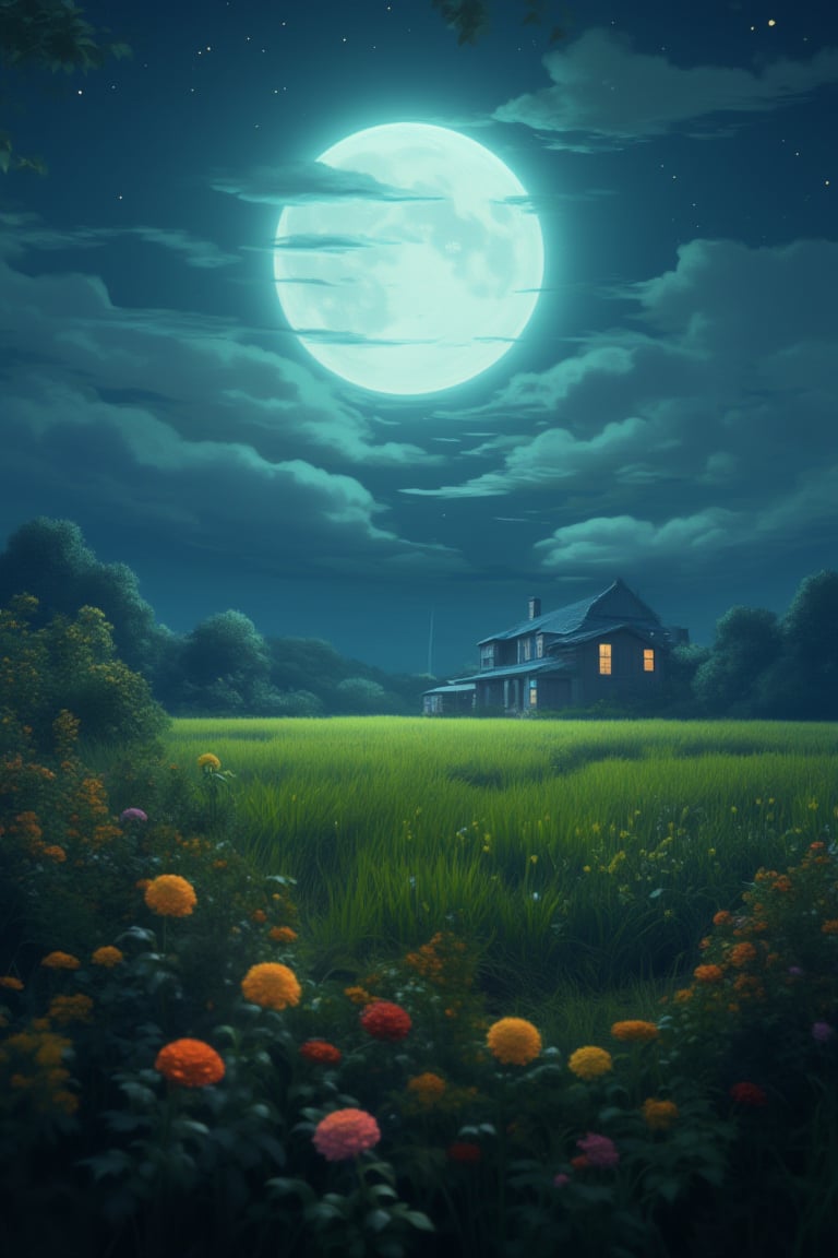 A solitary residence stands amidst a serene landscape under the soft glow of a full moon. A vibrant patch of chrysanthemums blooms near the property's edge, while a small field stretches out before it, illuminated by the gentle lunar light.,midjourney