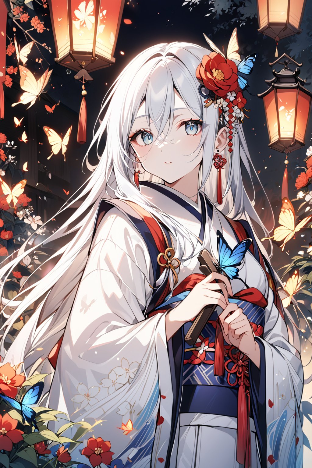 1girl, solo, long hair, looking at viewer, bangs, blue eyes, hair ornament, long sleeves, holding, hair between eyes, jewelry, flower, white hair, earrings, parted lips, japanese clothes, wide sleeves, kimono, sash, obi, bug, red flower, butterfly, lantern, white kimono