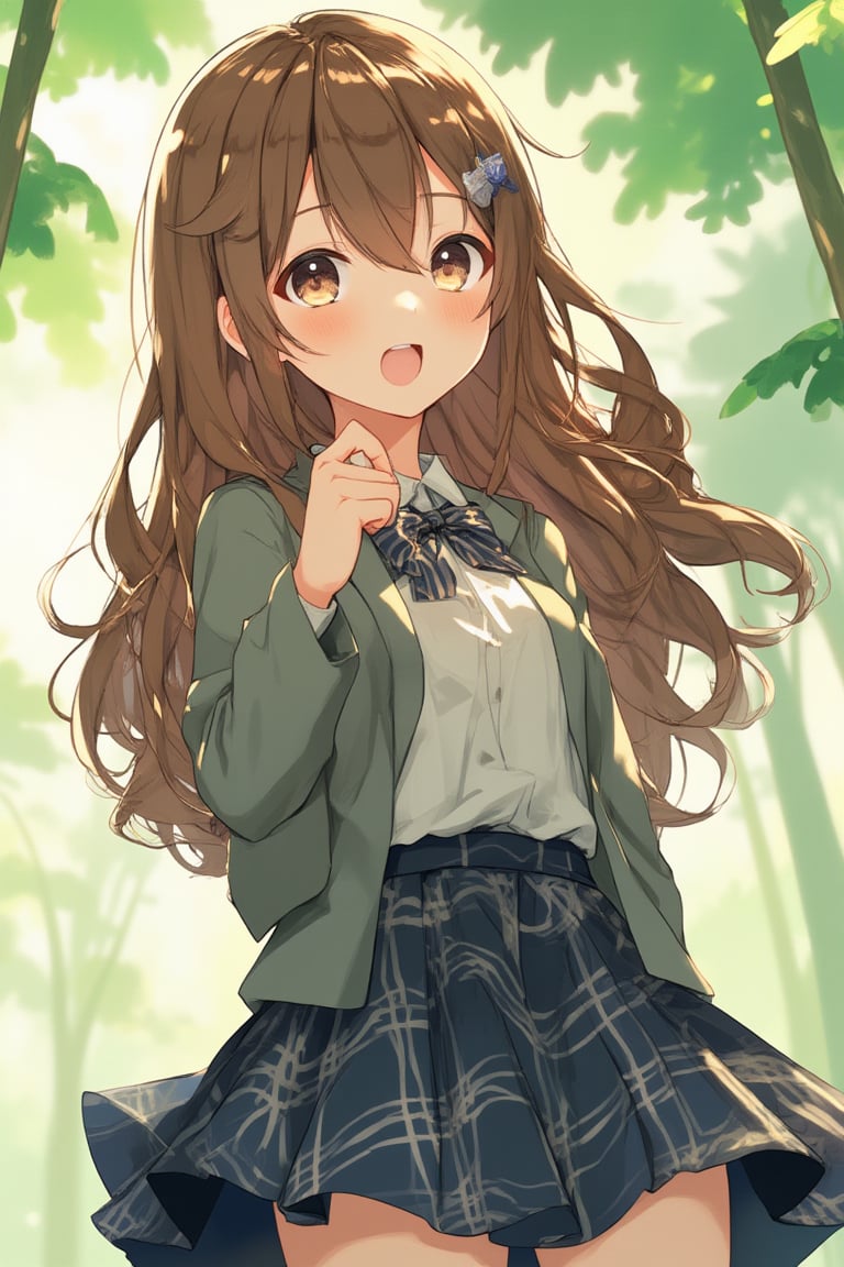 source_anime,(detailed eyes),shouko nishimiya,1girl,cowboy shot,long hair,bangs,brown hair,brown eyes,bowtie,blazer,blue and white plaid pleated skirt,smile,tree,niji,noc-detail