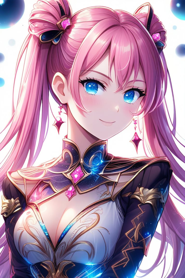 Beautiful girl. She is very badass, she wears a very luxurious outfit. detailed image, detailed skin, upper body, looking at viewer, twintails cut. Pink hair, blue eyes. White background, ((masterpiece: 1.2)), light particles, light particles in background, Anime style.,neonlight