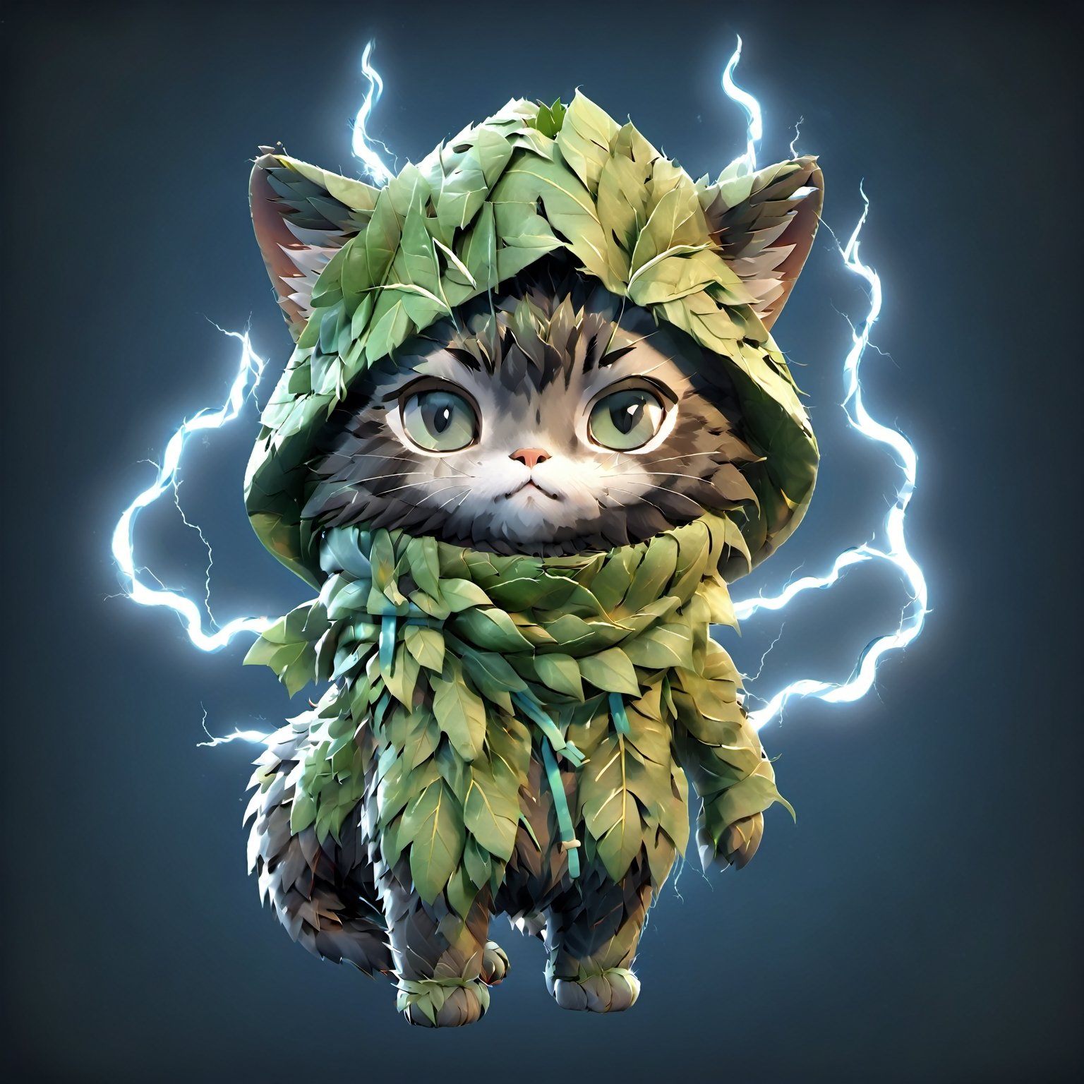 assassin creed, a cat, winter clothes made out of leaves, black clothe, hoodie on head, high_resolution, high detail, perfect body,Monster,Xxmix_Catecat,composed of elements of thunder,thunder,electricity,chibi,