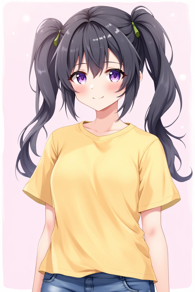 anime, girl, black hair, twintails, yellow t-shirt, denim shorts, pastel color