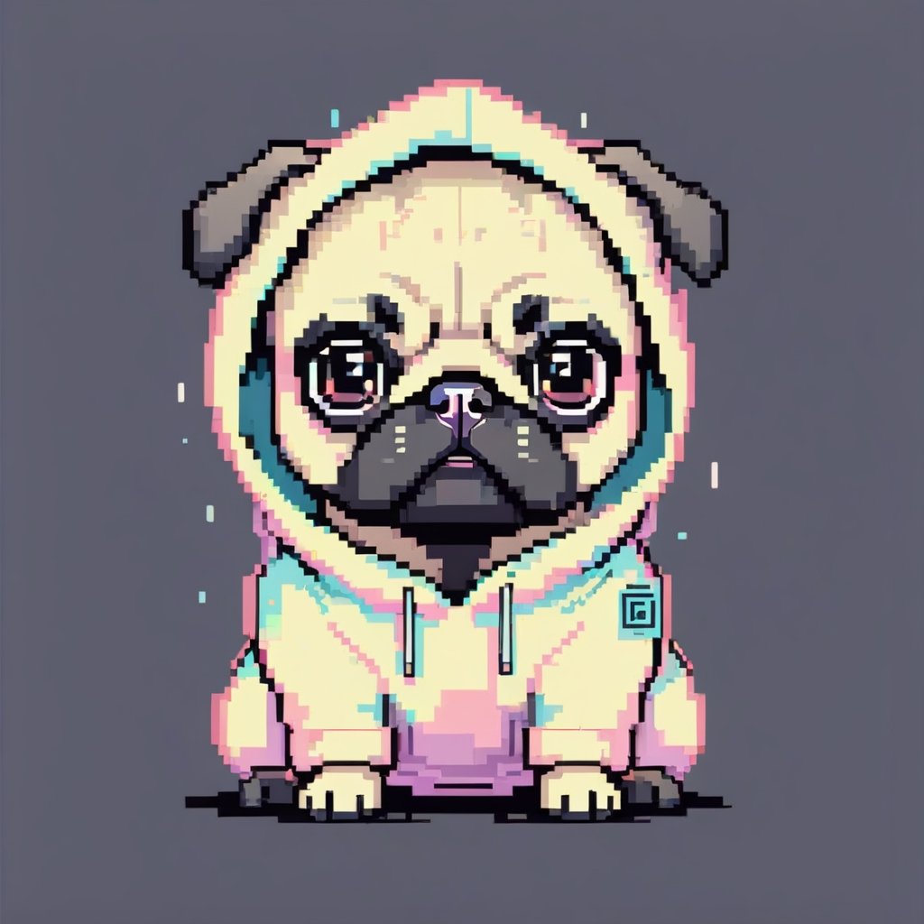 vector, minimalist, smooth, colorful, chibi pug in cyberpunk-hoodie, pastel color, white background, high_res,pixel style