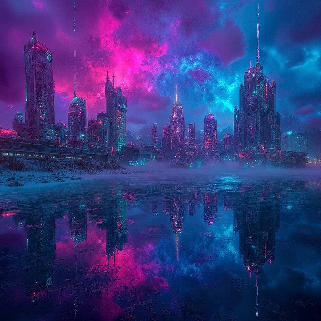 an alien city, reflected in the ocean surrounding it, masterpiece, neon splash art, vibrant surreal colours.,niji,noc-futuristic