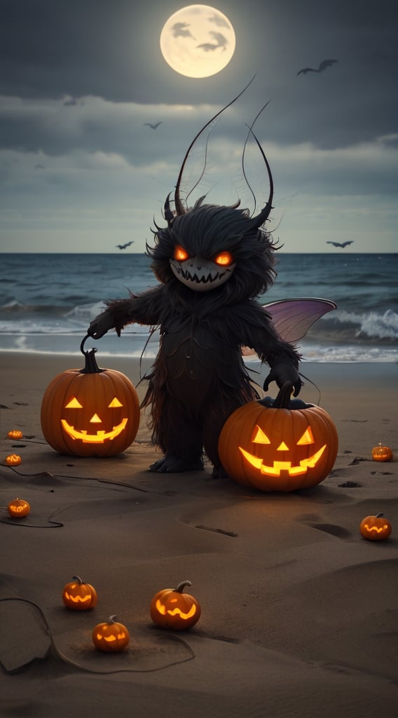 Create a monster fishing fairies  in the beach at the night. scary monster, sharp focus, cute fairies, sparks..,Jack o 'Lantern,fairy,butterfly_wings,Nature,horror,halloween