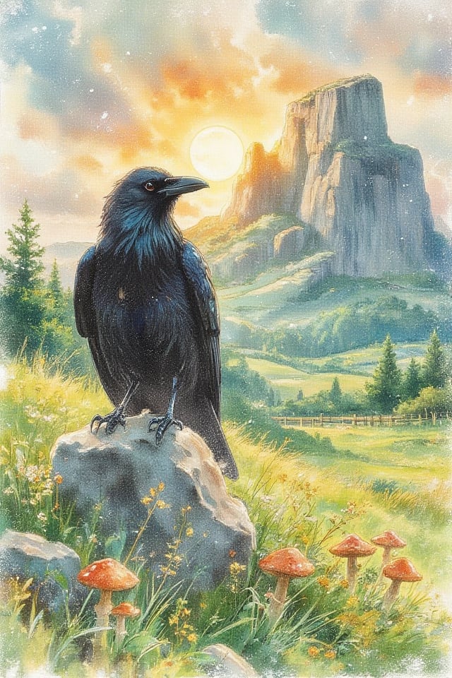 A black crow sitting on top of a stone in a beautiful green field, behind it a mighty grey mountain, the gold sun shines between the stones, the grown is filled with little flowers and mushrooms 
vintage, light particles, beautiful, ethereal, mystical, texture, whimsical, atmospheric,
Pencil drawing, painting, Watercolor painting, Hand-drawn sketch, illustration,noc-detail