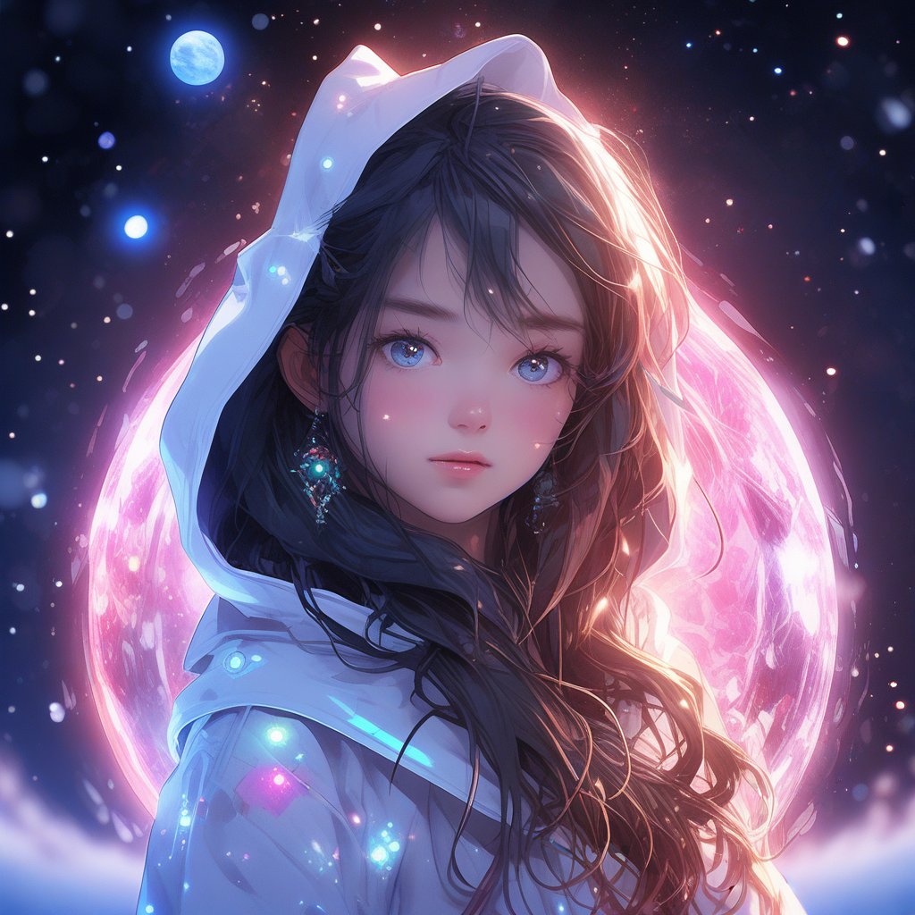 1 girl portrait, charming, nature, neon light, look at viewer,Anime Style, ice, space background,noc-space