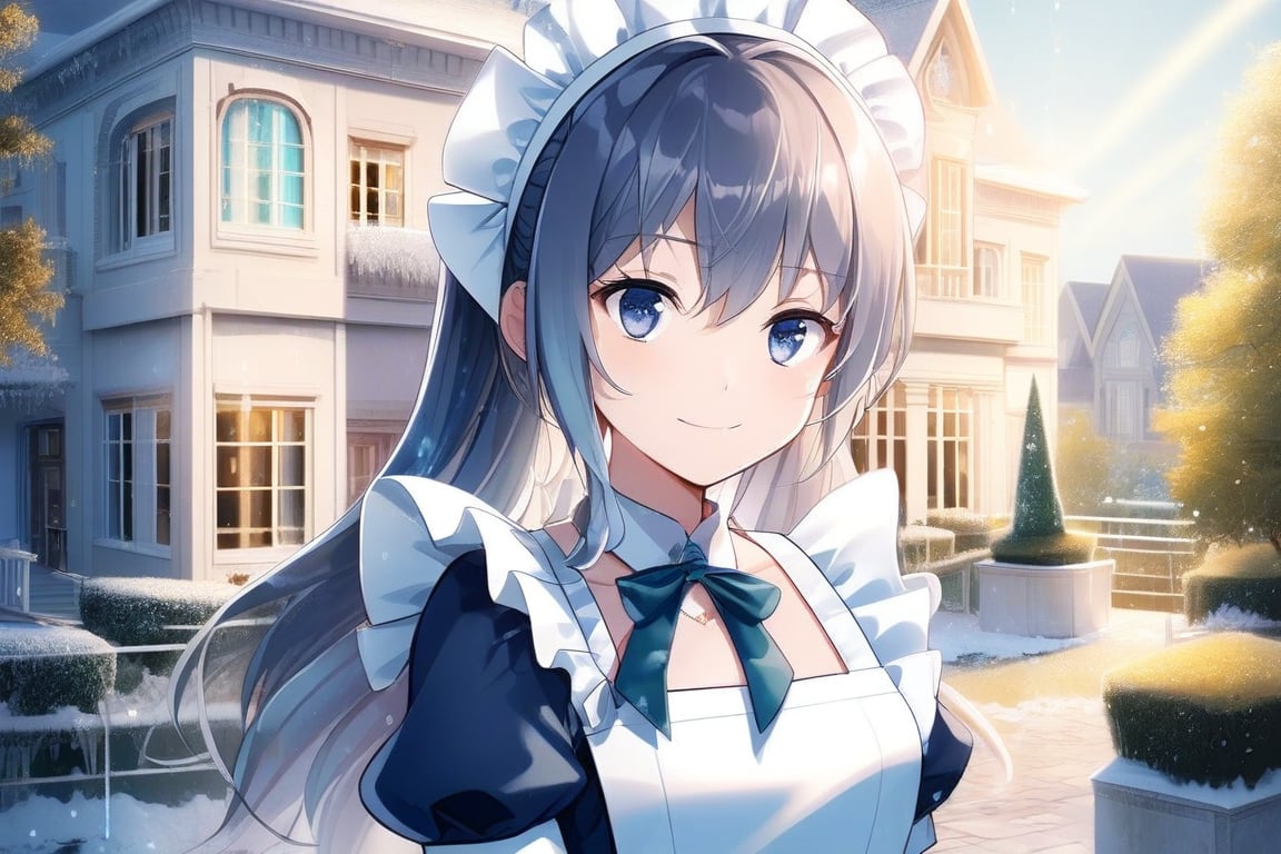 A very beautiful girl, masterpiece quality, light particles, mansion in background, she is a maid, maid uniform, looking at viewer, upper body,Anime Style.ice.