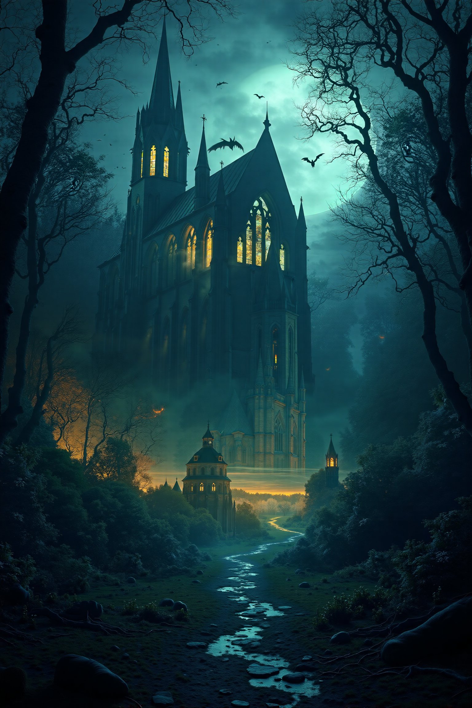 dark forest landscape, gothic horror, distant cathedral ruins, nightscape, night creatures, eerie glow,noc-fantasy