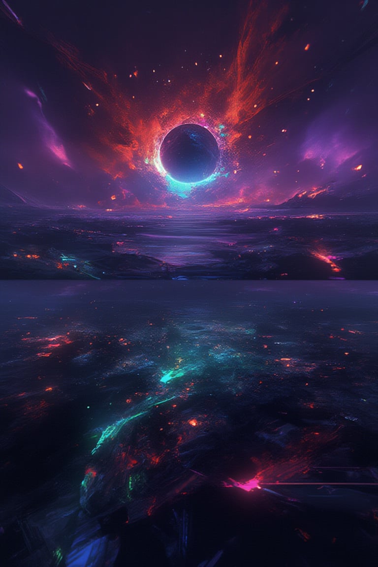 "An apocalyptic scene where the sky is dyed in dramatic colors: deep shades of red, purple and orange illuminate the horizon, mixing with shadows of black and dark gray. In the center, a sun collapsing into a black hole, surrounded by fragments of stars falling from the sky like dust. The earth below is full of cracks that emit flashes of blue and neon green light, like the last vestiges of life escaping the planet. In the distance, mountains crumbling and an ocean in apocalyptic calm, tinged with colors. dark and bright at the same time."

This approach mixes the chaos of the end with intense, vibrant colors that evoke both destruction and beauty.,midjourney,noc-futuristic,niji