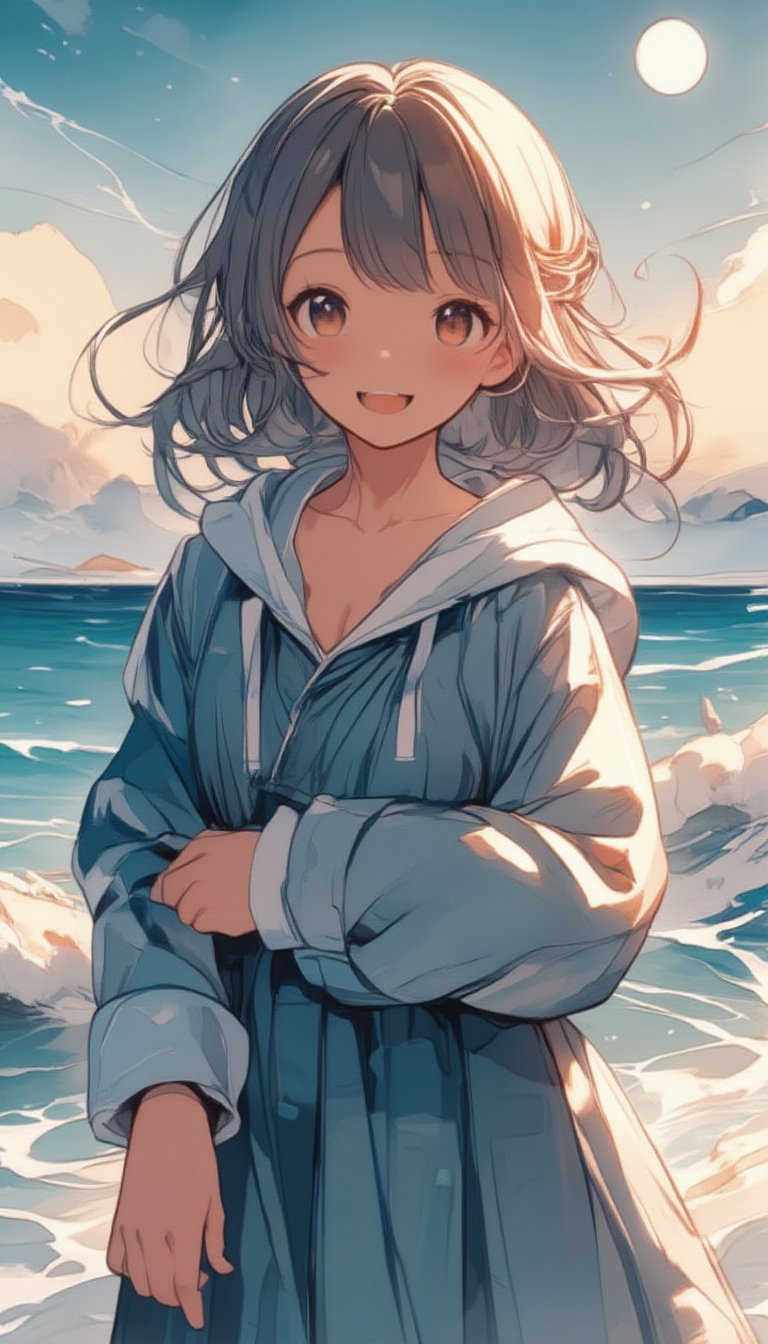 Masterpiece, Illustration, 1 Woman, Solo, Looking at viewer, Smiling, Long hair, Hair blowing in the wind, Bangs, Brown hair, Long sleeves, Brown eyes, Collarbone, Upper body, Outdoors, Smiling, Open lips, Sky, Dusk, Moon, Clouds, Hood, Water, Hoodie, Ocean, Beach, Hood down, Wind, (Backlit: 1.3), Horizon, Drawstring, Waves, Contrails,watercolor style,niji