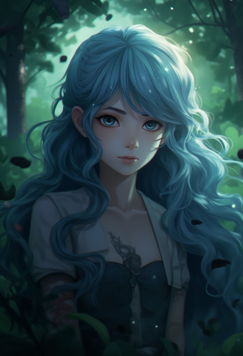 Beautiful girl, long hairstyle, blue hair, blue eyes, masterpiece quality, light particles, garden background, looking at viewer, upper body, Anime Style., highly detailed
The background is dark green, filled with black rose petals, shushing motion,midjourney