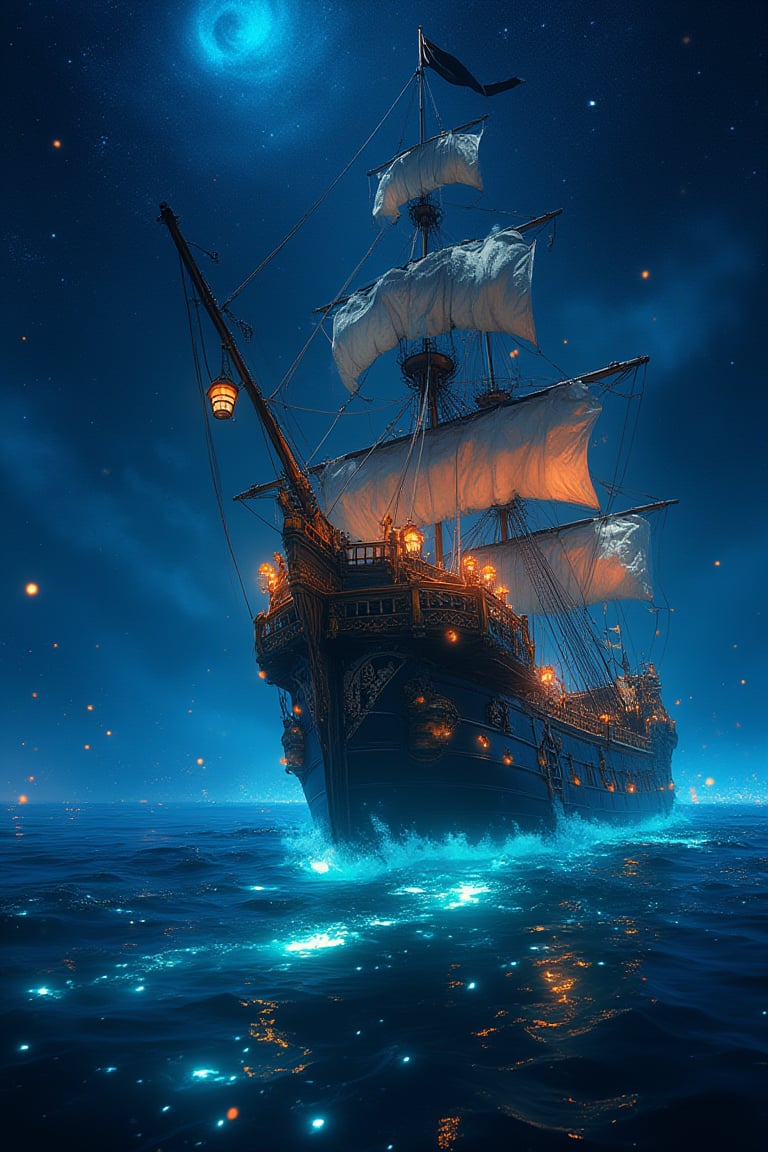 Captain's triumphant return: A majestic pirate ship, adorned with billowing sails and lanterns aglow, majestically glides into a bioluminescent sea illuminated by a swirling galaxy above. Fireflies dance across the waves, as if welcoming the vessel home. Framed by the starry night sky, this XL 4K ultra-high definition action shot captures the drama of the moment.