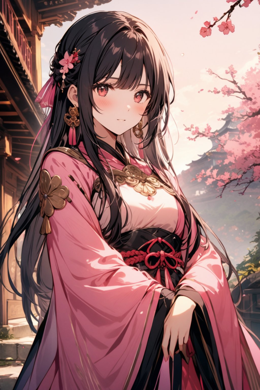 Ancient style female black hair pink clothes