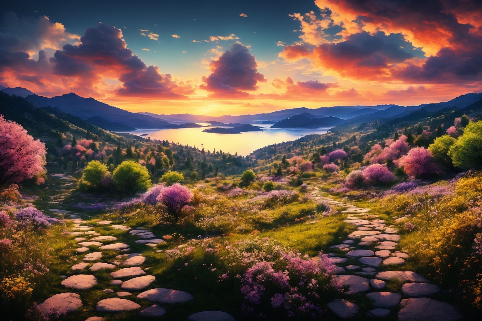 (best quality, 8K, ultra-detailed, masterpiece), (ultra-realistic, photorealistic), A breathtaking 8K masterpiece showcasing the awe-inspiring beauty of a cinematic landscape painted with super vibrant colors. The landscape captures nature's majesty, with rolling hills, a serene lake, and a colorful sky that seems to burst with life. This scene exudes tranquility and an enchanting sense of wonder, inviting viewers to immerse themselves in its vivid, cinematic splendor