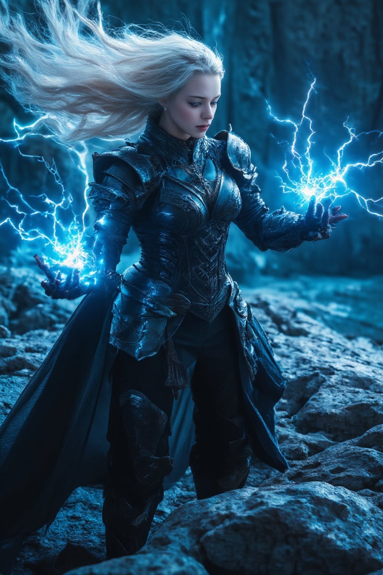 4K anime style quality, digital drawing mode, Norway-themed supervillain female character, long platinum blonde hair flowing like a storm, electric blue eyes, wearing dark Viking-inspired armor with lightning coursing through it, controlling devastating storms and summoning lightning strikes, standing on a thunderous cliffside with jagged rocks beneath her, radiant skin, fierce and untamed expression, full body, dynamic pose with lightning crackling in her hands, life size, perfect anatomy, detailed skin texture, full HD, 4K, HDR, perfect anatomy, depth of field. , Midjourney_Whisper,noc-futuristic