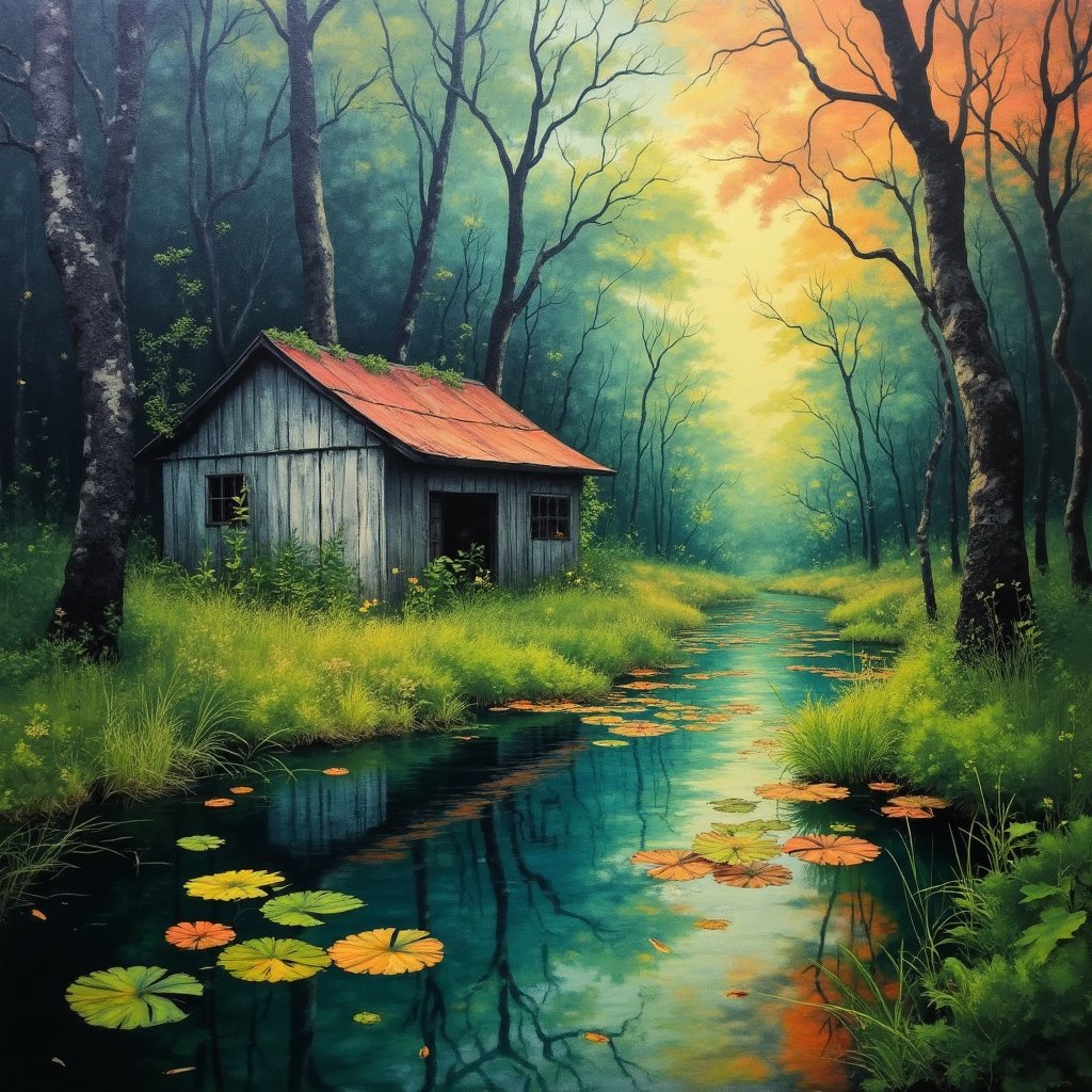 (best quality:1.4), (extremely detailed, 8k, uhd), ultra highres, (expressionist oil painting, Stephen Gammell:1.2), a beautiful scene of peaceful serenity, serendipitous echoes of random noise ripples, run down shed in a lush swamp, (vibrant lush Neeko:1.3),noc-fantasy