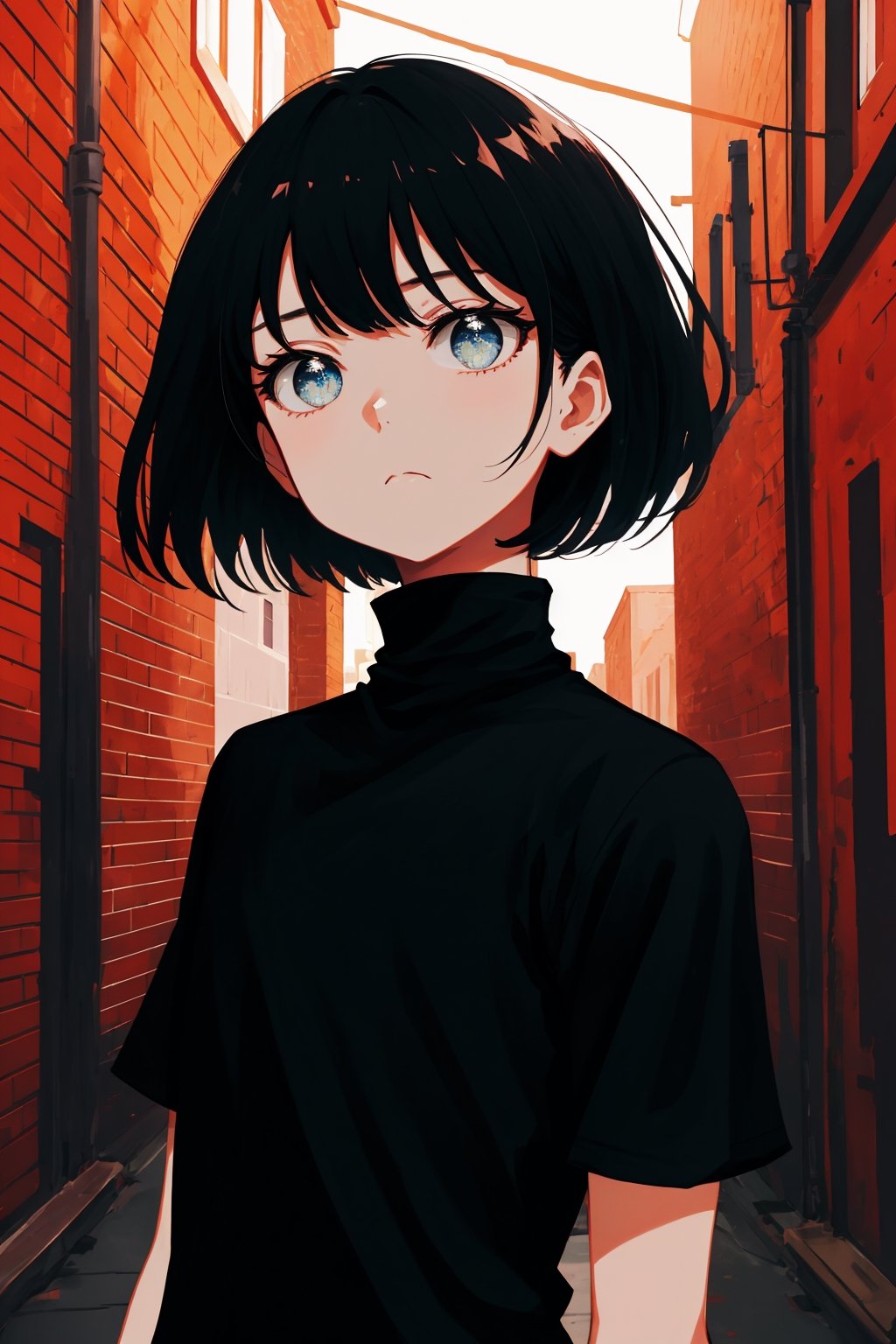 masterpiece, high quality, highres, 2D, illustration, upper body, face focus, 1girl, black hair, bobcut, bangs, blue eyes, closed mouth, black shirt, short sleeves, turtleneck, city, standing in an alley