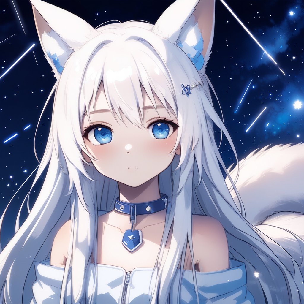 1girl, stoat girl, solo,  ((white hair)), very long hair, blue eyes, (straight hair), (bangs), animal ears, (stoat ears:1.2),
 Choker, ahoge, yaeba, (big stoat Tail:1.2), (blue X hairpin), casual outfit, outdoors, looking at viewer, close view,starry sky, sky, night,,noc-space