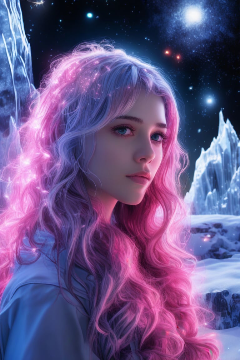 1 girl portrait, charming, nature, neon light, look at viewer,Anime Style, ice, space background,noc-space