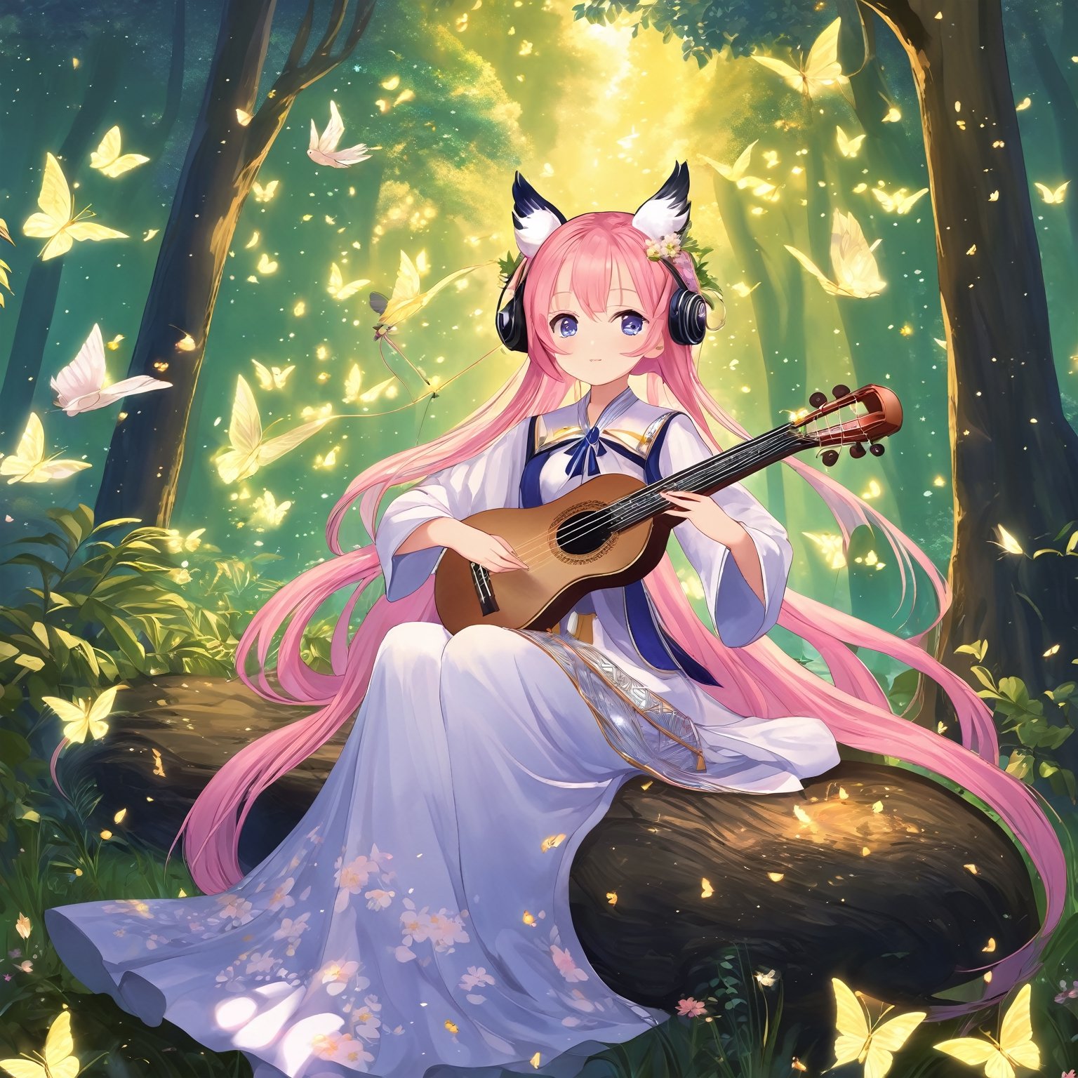 (masterpiece, best quality, highres:1.3),  1girl, animal ears, pink hair, kawaii,  long hair, lute,cute face, musical, harp,  (music notes floating in the ar), fantasy, harmony, melody, soft, night time, (fireflies:1.3), (serene background:1.3), vivid color, sitting, (magical, musical aura:1.3), smile softly, forest, leaf, bird on head, nature, sitting,takane shijou