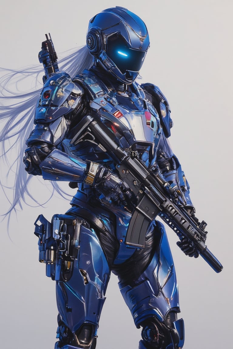 Score_9, score_8_up, score_7_up, In a vivid anime-style acrylic painting, a lone girl stands proudly on one knee, her long white hair flowing behind her. Her piercing blue eyes gaze down the length of an assault rifle, its sleek design and robotic joints a testament to her android physiology. A bodysuit and helmet encase her lithe form, while a pouch adorns her belt, holding various gadgets and ammunition. In her hand, she grips the rifle tightly, the scope and suppressor at the ready. Her full body armor gleams in the light, showcasing her readiness for battle in this sci-fi world of robots and androids. Movie special effects grade style.,noc-futuristic