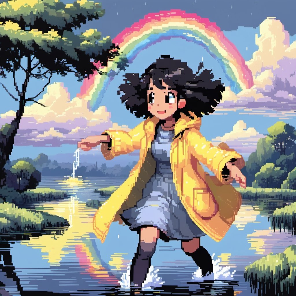 (masterpiece, best quality, highres:1.3), ultra resolution image, (1girl), (solo), kawaii, accessories, black hair, yellow raincoat, rainbows over head, fluffy, blue sky, soft, (cute background:1.2) joyful, happy, water reflections, water droplets, walking on water, beautiful light, sunlight, childlike, (focus on charater:1.3),pixel style