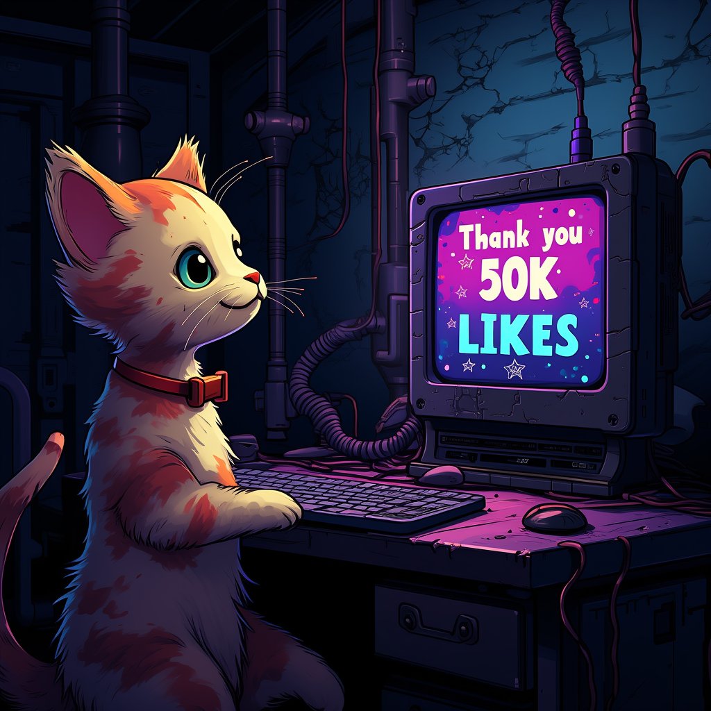 text on PC display "Thank you 50K LIKES", a happy cat, monitor and cables, keyboard, in dungeon, (anthropogenesis:1.4), Concept art, dissolving into pixels, bold lines, highly detailed, (fractal:1.2), colorful, sharp focus,midjourney