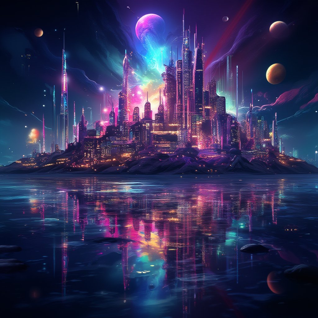 an alien city, reflected in the ocean surrounding it, masterpiece, neon splash art, vibrant surreal colours.,niji,noc-futuristic,midjourney