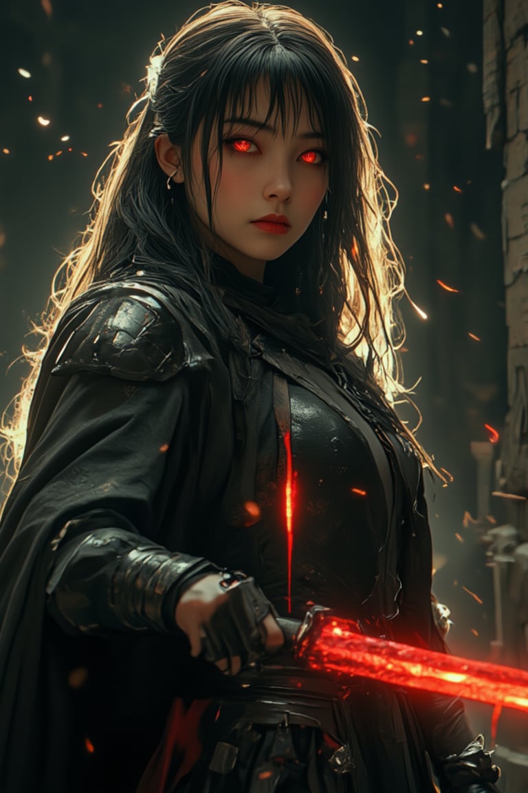 Score_9, score_8_up, score_7_up, in a dramatic, close-up shot, an ancient oriental beauty stands poised for battle. Her delicate facial features are accentuated by the soft, golden lighting that highlights her blunt bangs and long, raven-black hair. Her eyes gleam like rubies in the dim light, as she grasps a sword with one hand and wears thigh straps and knee-length black stockings under her pleated skirt. A pair of dangling earrings catch the light, while her red high-heeled boots seem to gleam with an inner fire. Her pale skin is illuminated by the subtle glow, showcasing a subtle sheen of nail polish on her fingernails. Movie special effects grade style.,noc-futuristic