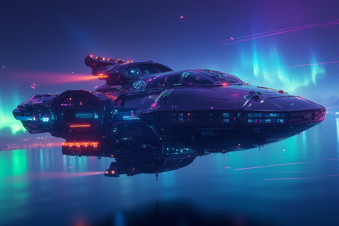 ultra Realistic, ((hover car)), Massiv style futuristic floating air cargo,flying,high-tech futuristic body, ultra futuristic,cinematography aurora borealis,neon ambiance, detailed acrylic,In cyber night city sky,noc-futuristic