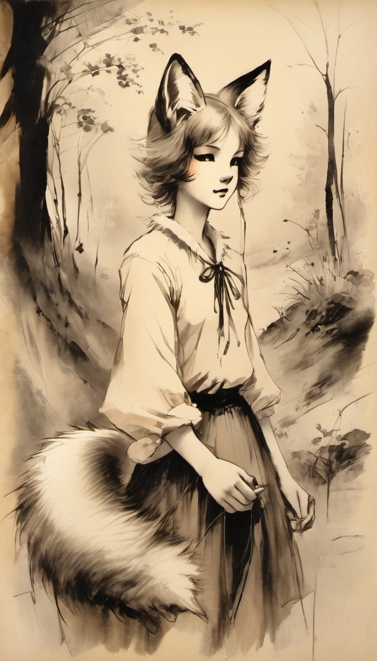 sketch, monochrome,  a scenery, a fox girl with very fluffy ears  ,vintagepaper