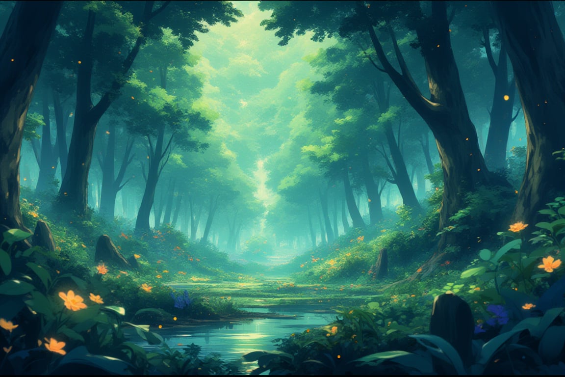 Viral anime nature wallpaper in 4K quality, in the style of digital illustration inspired by Hayao Miyazaki, featuring a serene forest with towering ancient trees, dappled sunlight filtering through the leaves, a gentle stream flowing through the scene, and mystical creatures peeking from behind the foliage; vibrant and warm color temperature, cosmos lighting with stars twinkling in the sky, no human characters, the atmosphere is tranquil and enchanting --v 5 --stylize 1000,noc-detail