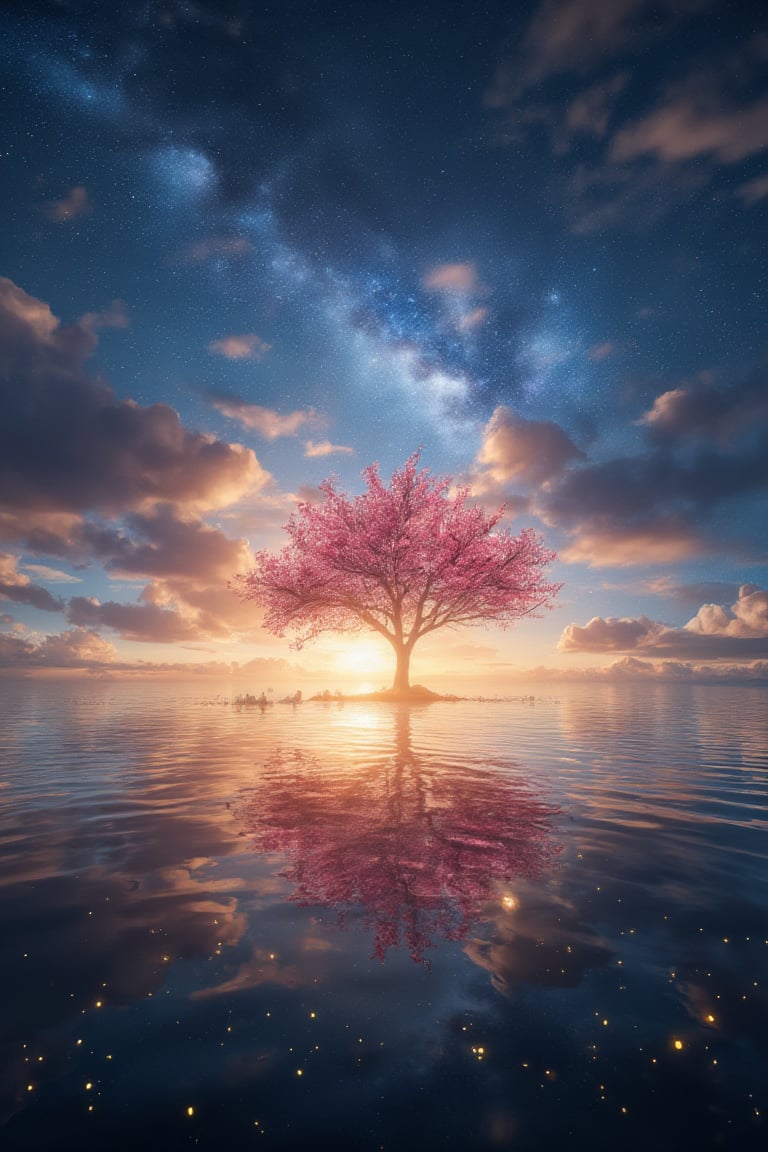 A wide angle visualization of a mystical scene of a sunset, showing a starry night filled with clouds, there is a reflection of a sakura tree in the sea in the center, illuminated by fireflies, an epic moment of quiet contemplation and understanding the meaning of your journey. highly detailed, uhd anime wallpaper, digital animation, epic, beautifully pictorial,noc-fantasy