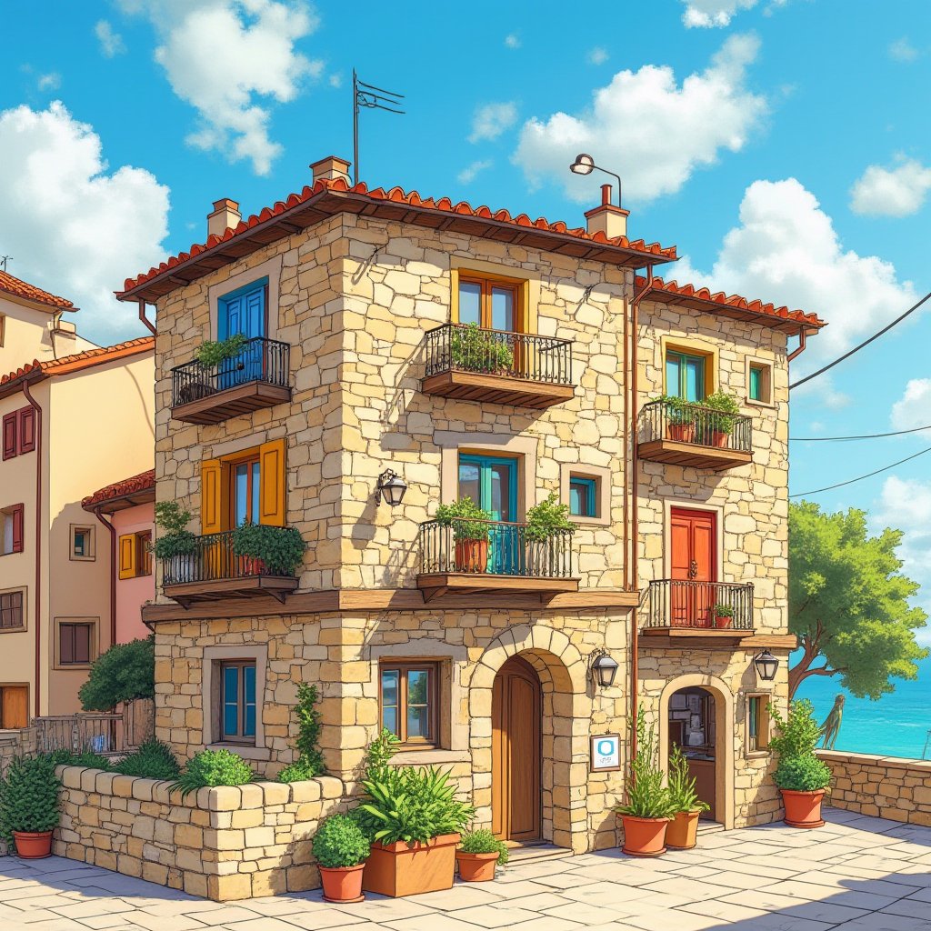 A charming, rustic stone building with a Mediterranean style, featuring wooden balconies, potted plants, and bright, vivid colors. The building is set against a clear blue sky with fluffy white clouds. The art style is detailed and slightly stylized, similar to a hand-drawn illustration with vibrant and saturated colors. The scene evokes a warm, peaceful atmosphere, reminiscent of a coastal town in southern Europe,niji,noc-fantasy